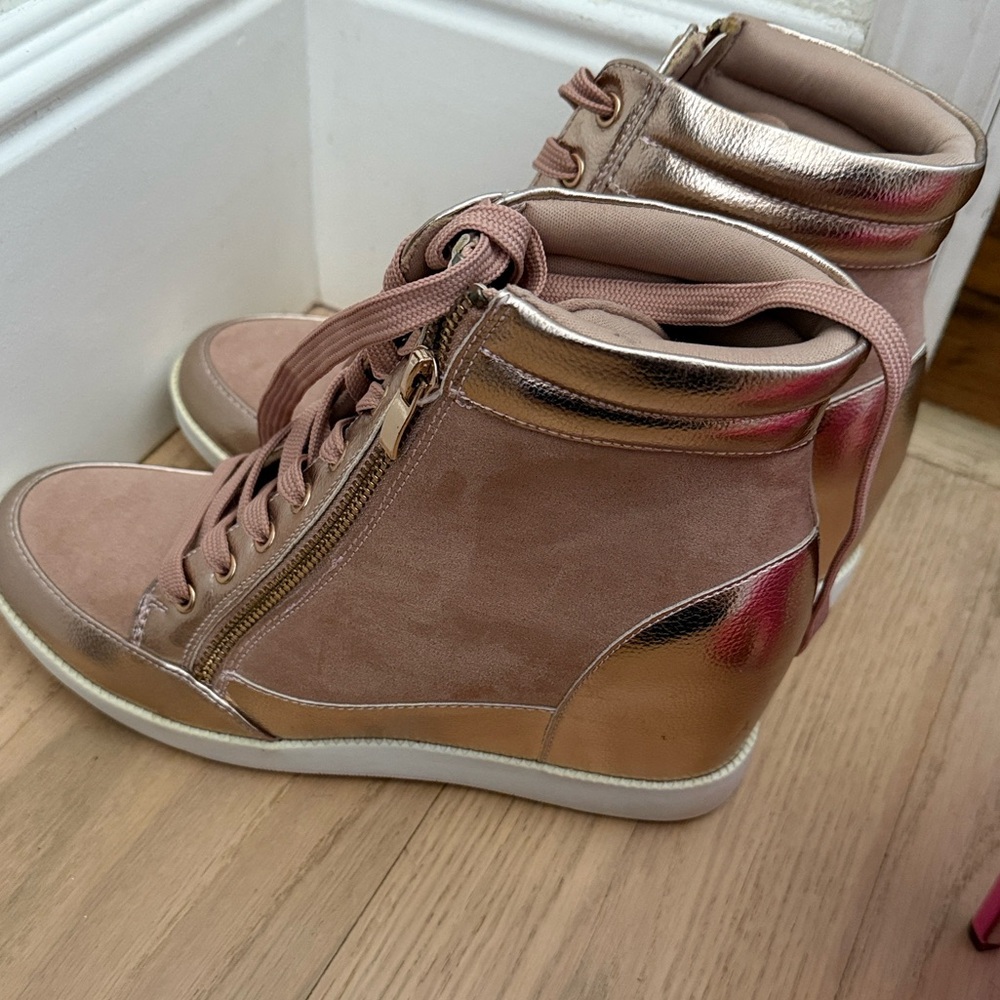 Shoe Dazzle Pink and pink metallic High-Top Wedge Sneakers